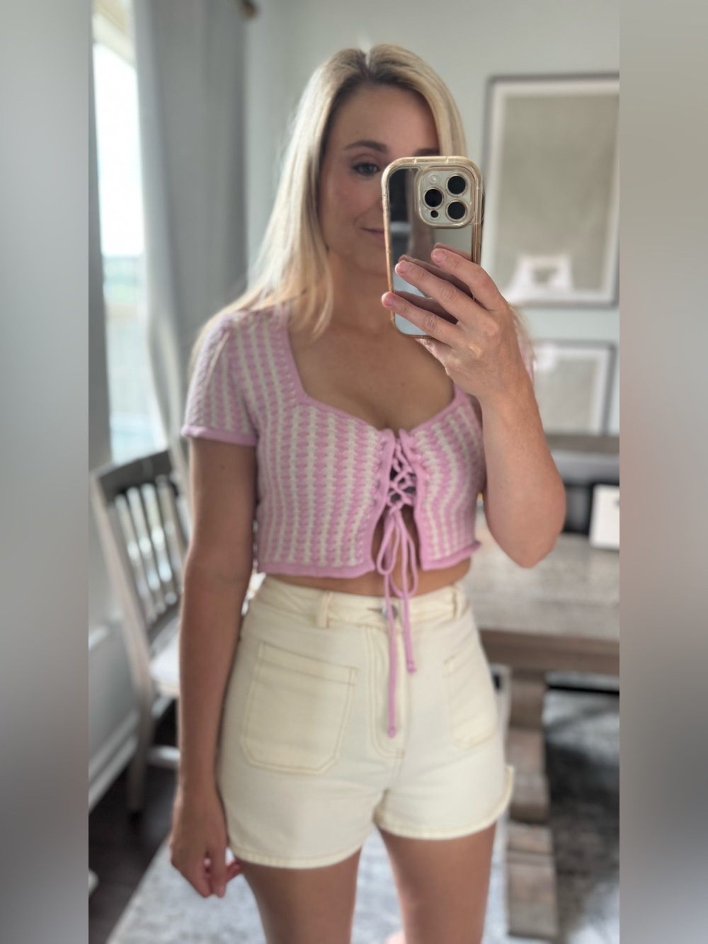 Pink and Cream Knit Square Neck Girly Sweet Crop Top - Picture 8 of 13